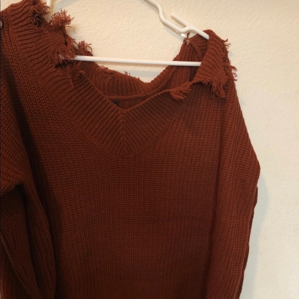 Copper colored fringe cropped sweater shirt